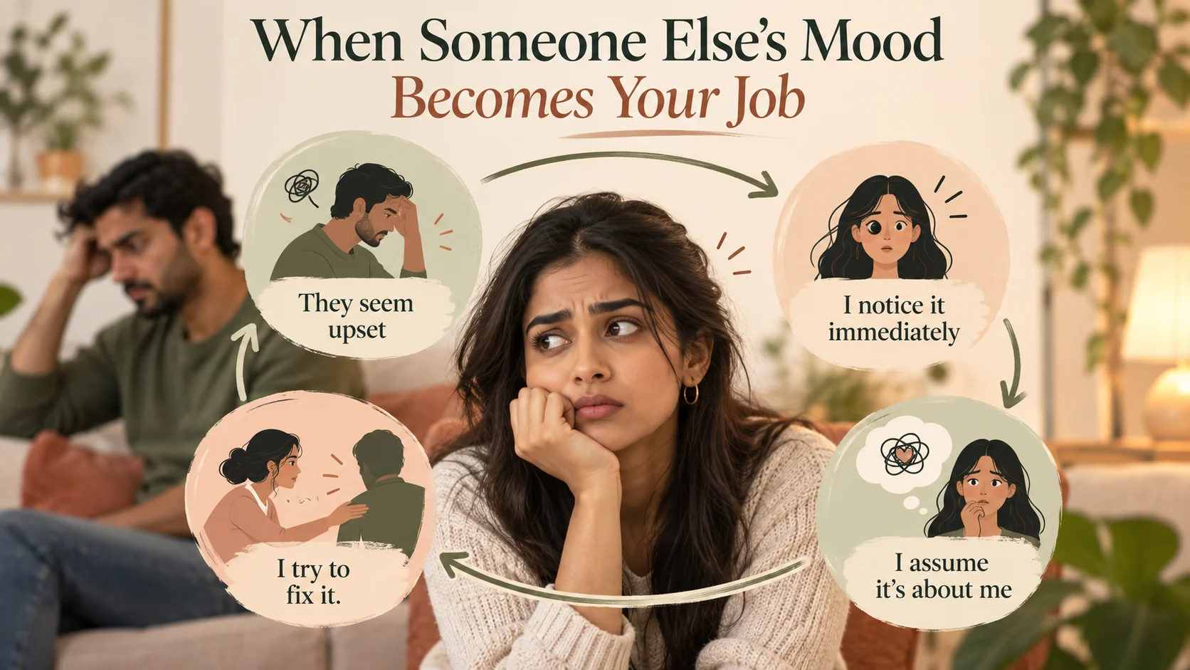 Illustration showing how noticing another person’s mood can lead to anxiety and trying to fix it.