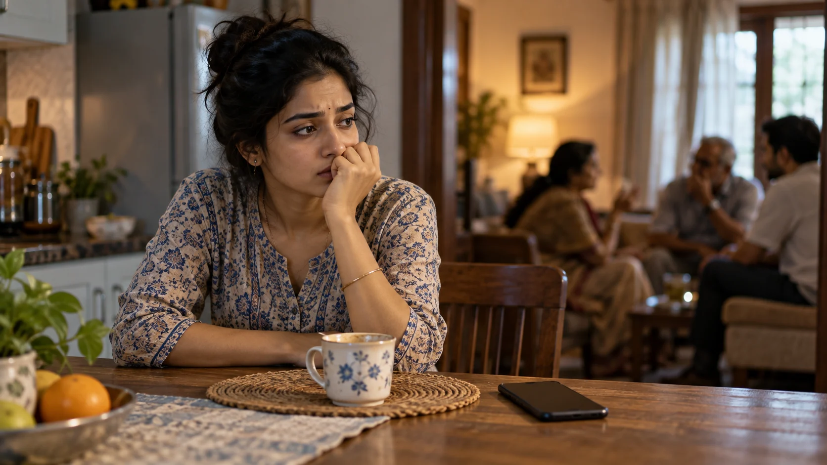 A woman sits with her thoughts after a difficult family exchange.