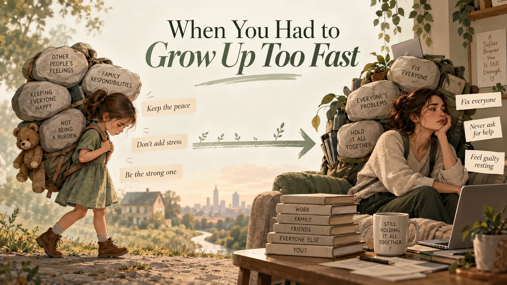 Illustration showing childhood responsibility continuing into adulthood.