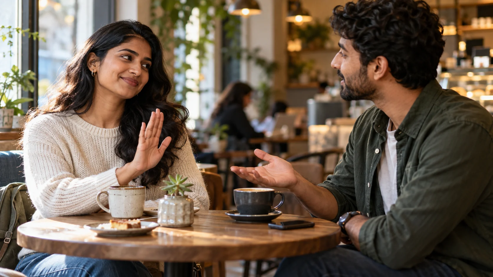 One friend gently declines while speaking face to face in a cafe.