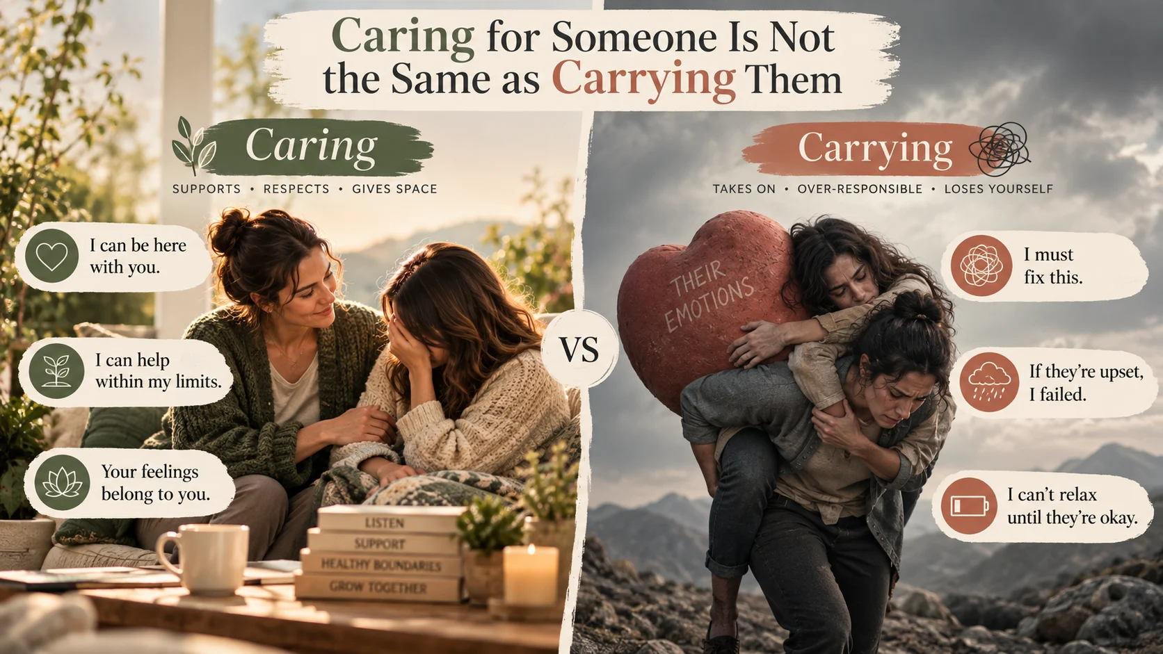 Visual comparison between supporting someone and carrying responsibility for their emotions.