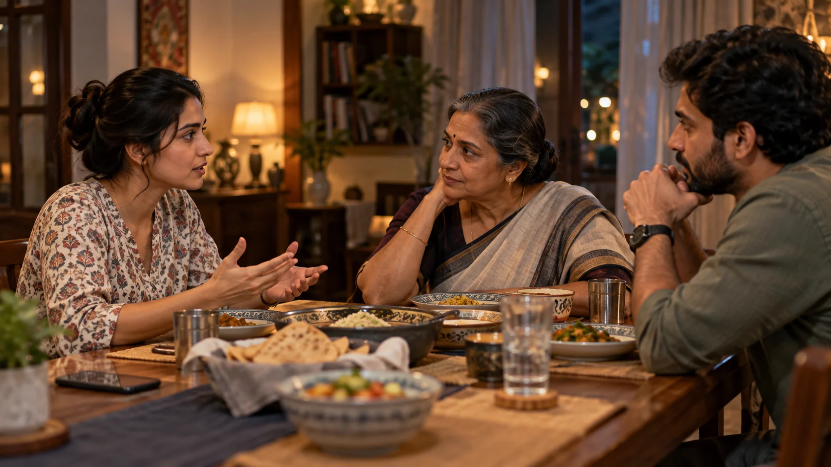 A young woman speaks calmly with family members over dinner.