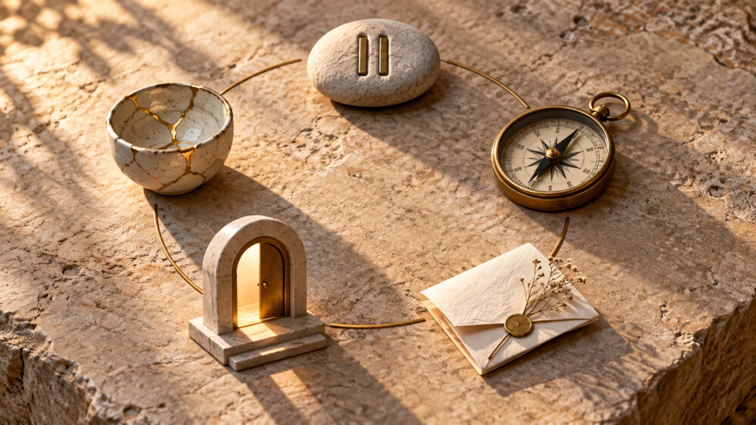 Five symbolic objects form a circle for pausing, noticing, choosing, acting and reflecting.