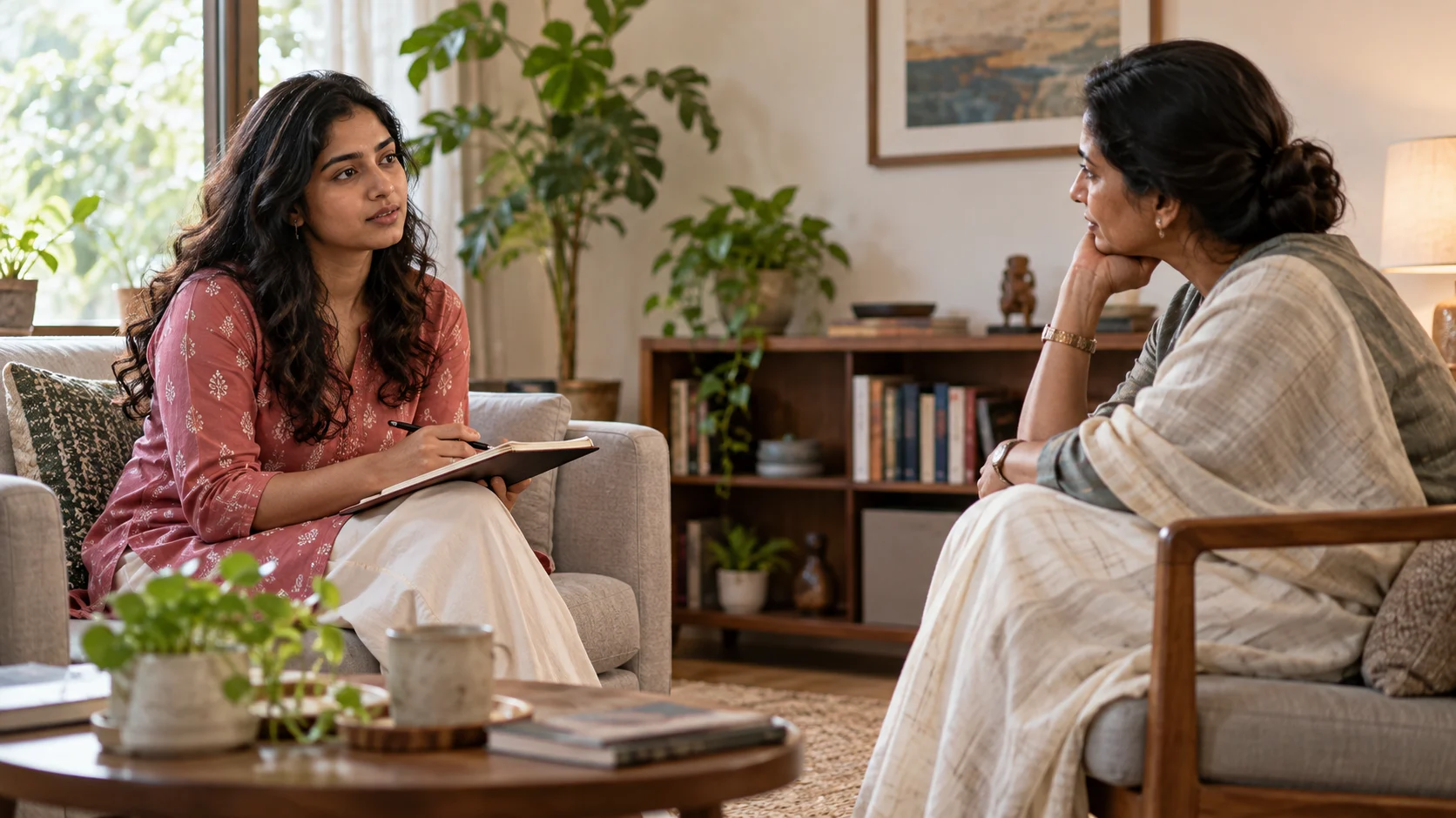 A client and therapist speak in a quiet counselling room.