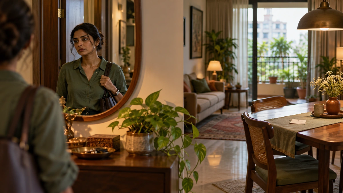An unresolved work thought visually follows an Indian woman from her entryway toward dinner