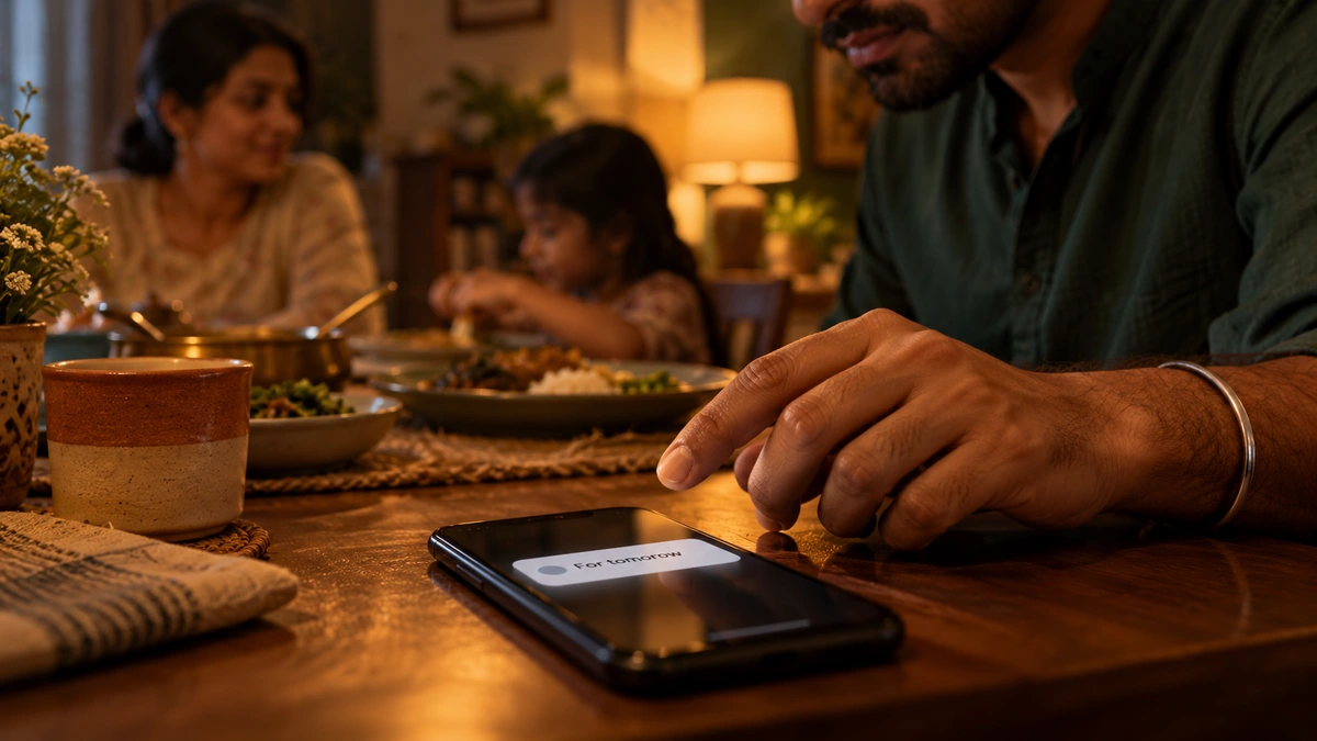 An Indian adult pauses before opening an after hours message marked for tomorrow