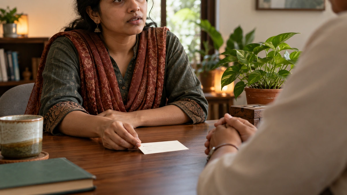 Indian adult brings a work handover card to a private counselling conversation