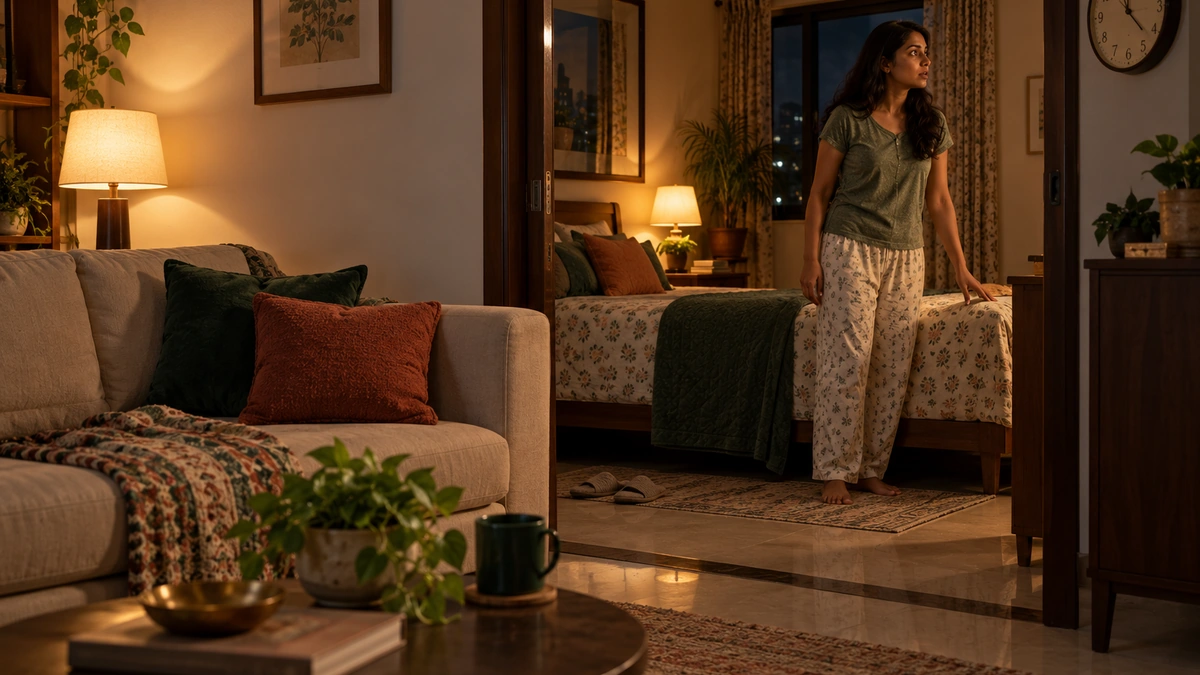 Explanatory. A three-step bedtime arc: sleepy on sofa, glance at clock, alert in bed. Show the pressure loop without decorative stars or generic sleeping stock imagery.