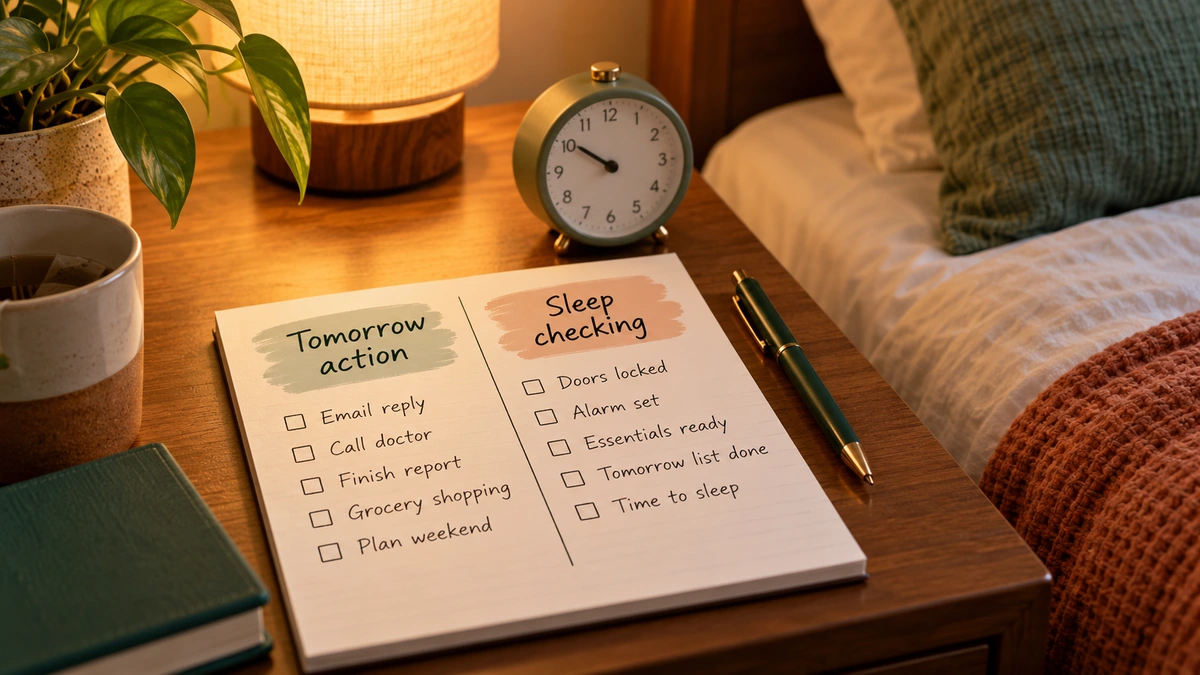 Explanatory. A bedside paper split into Tomorrow action and Sleep checking; small alarm clock is secondary. Teaches the Night-Tomorrow Split.