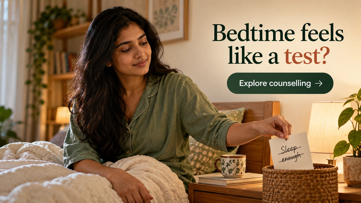 Mid CTA banner, 1200x675. Editorial scene of an Indian adult setting a sleep-pressure note aside in a quiet room. Visible copy: Bedtime feels like a test? / button: Explore counselling. URL: https://psyquench.com/counselling/. No logo.