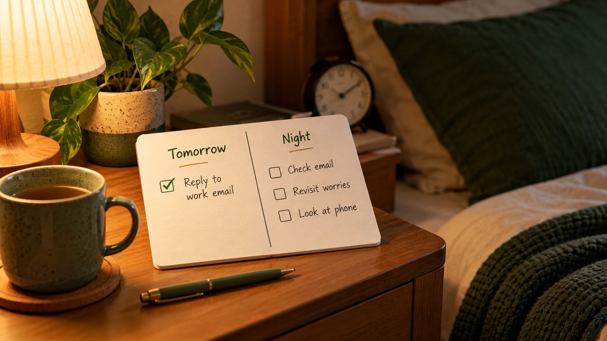 Explanatory. A small Night-Tomorrow Split card with one tomorrow action completed and the sleep-checking column left unpursued; section lesson in a glance.