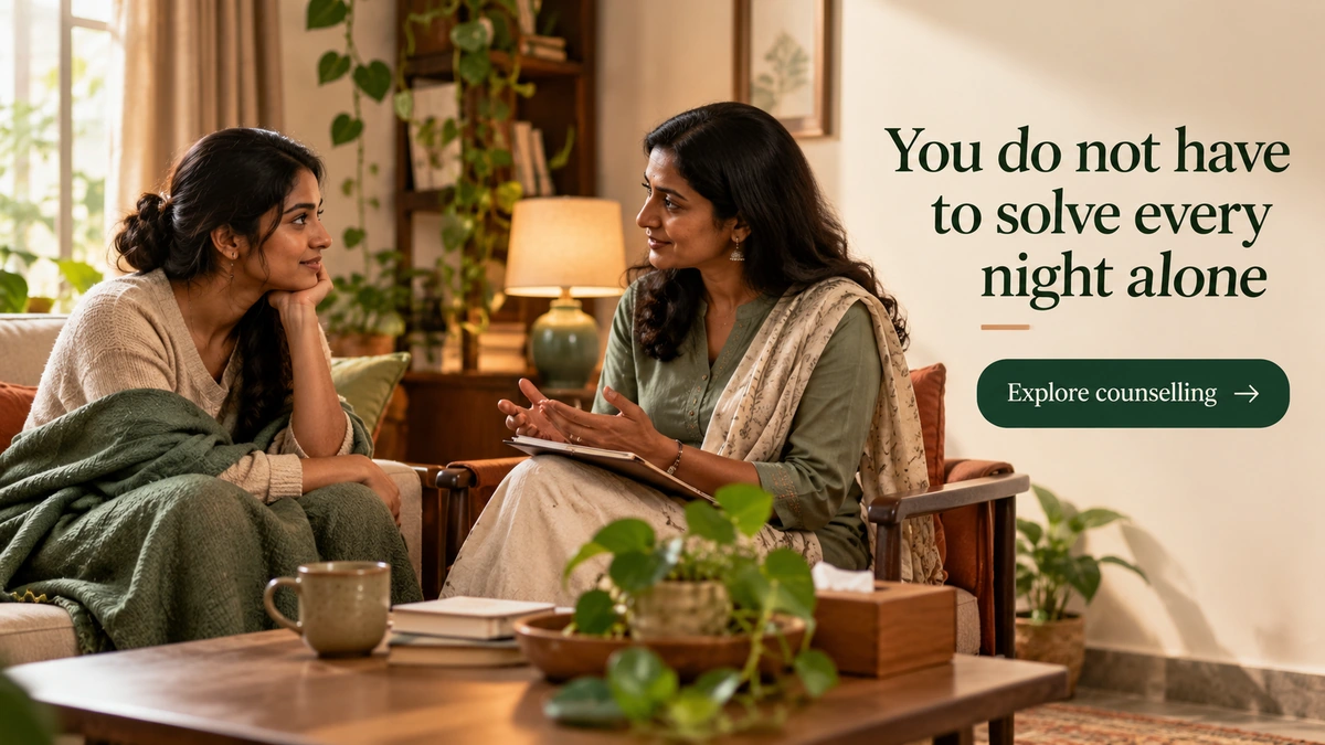 End CTA banner, 1200x675. A considered consultation scene, visible copy: You do not have to solve every night alone / button: Explore counselling. URL: https://psyquench.com/counselling/. No logo.