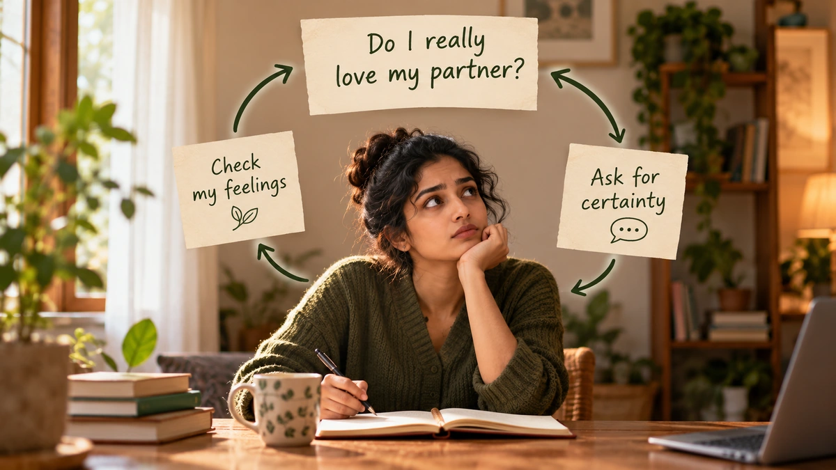 Explanatory. One relationship question branches into �check feelings� and �ask for certainty,� then returns to the original question; visualise the loop without clinical icon clich�s.