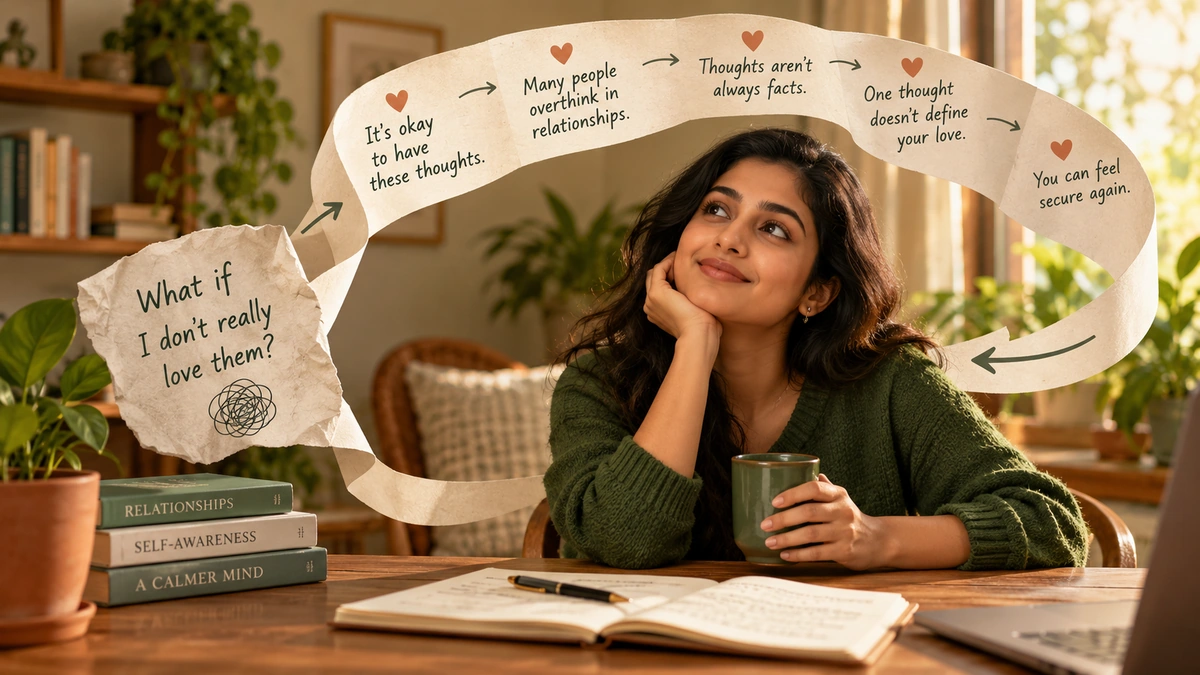 Explanatory. A neutral message and multiple reassurance replies sit on a paper ribbon that loops back to the original doubt; show temporary relief visually.