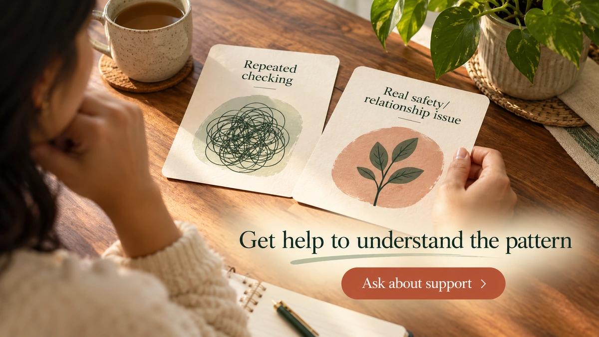Mid CTA banner, 1200�675. Premium editorial visual: two distinct cards �repeated checking� and �real safety/relationship issue� laid on a table. Visible copy: �Get help to understand the pattern� / button: �Ask about support�. URL: https://psyquench.com/counselling/. No logo; copy must not imply specialist ERP is available.
