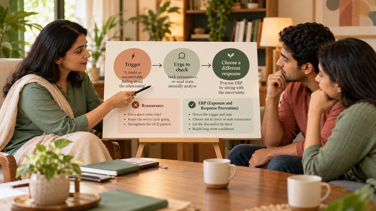 Explanatory. A clinician-guided pathway shows trigger, urge to check, choice to practise a different response; distinguish ERP from reassurance without portraying self-treatment.