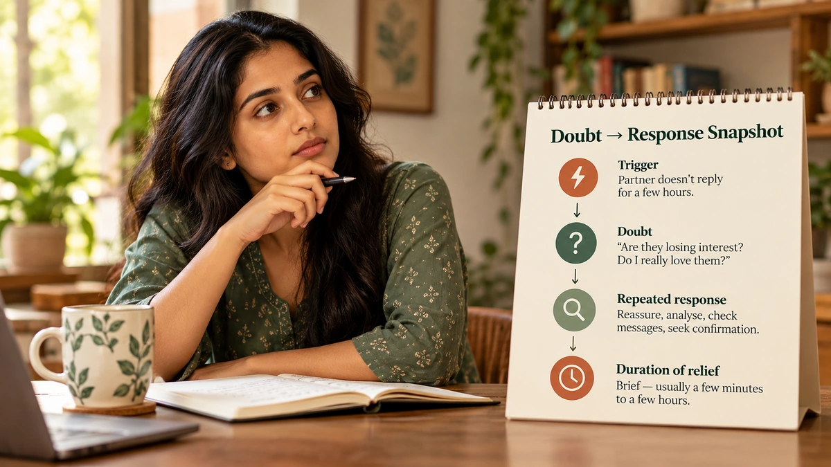 Explanatory. A concise Doubt�Response Snapshot card: trigger, doubt, repeated response, duration of relief; avoids a symptom score.