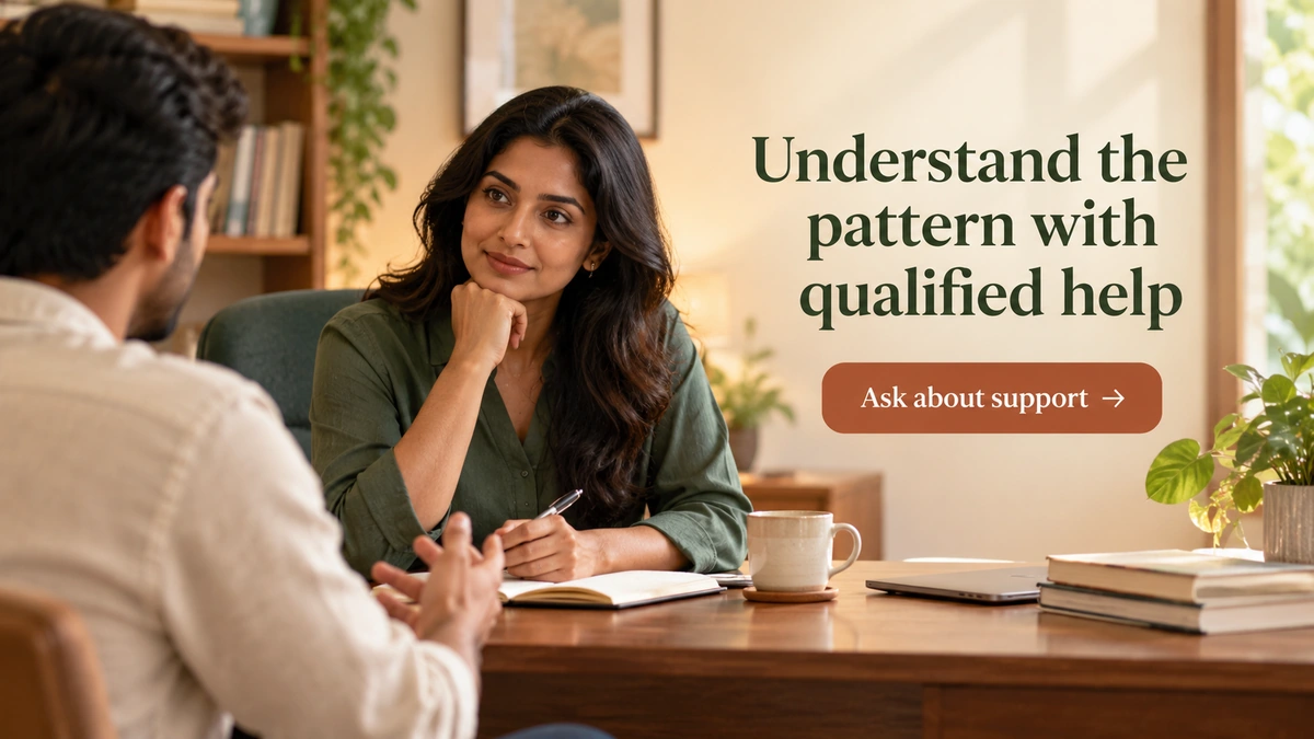 End CTA banner, 1200�675. Private consultation desk with one simple snapshot card; visible copy: �Understand the pattern with qualified help� / button: �Ask about support�. URL: https://psyquench.com/counselling/. No logo or specialist-treatment claim.