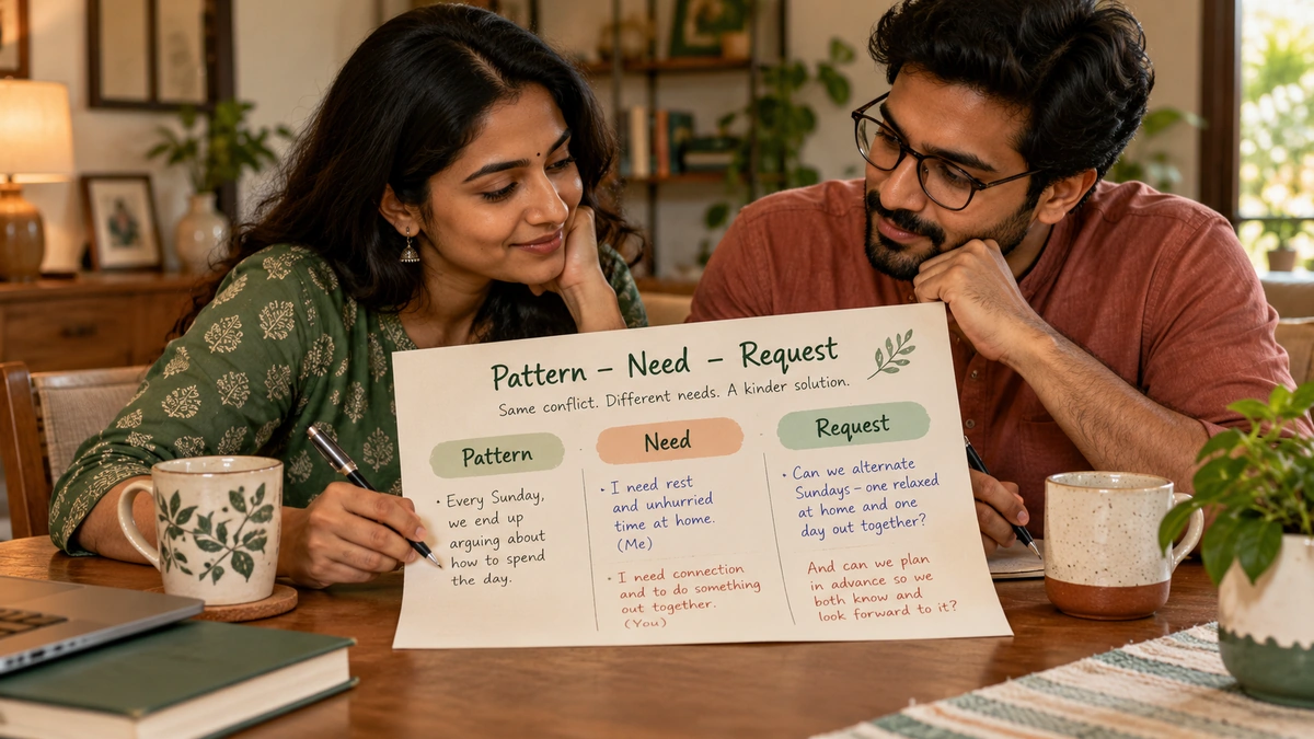 Explanatory. A Pattern�Need�Request card completed in two Indian partners� handwriting, showing different needs beneath the same recurring Sunday conflict.