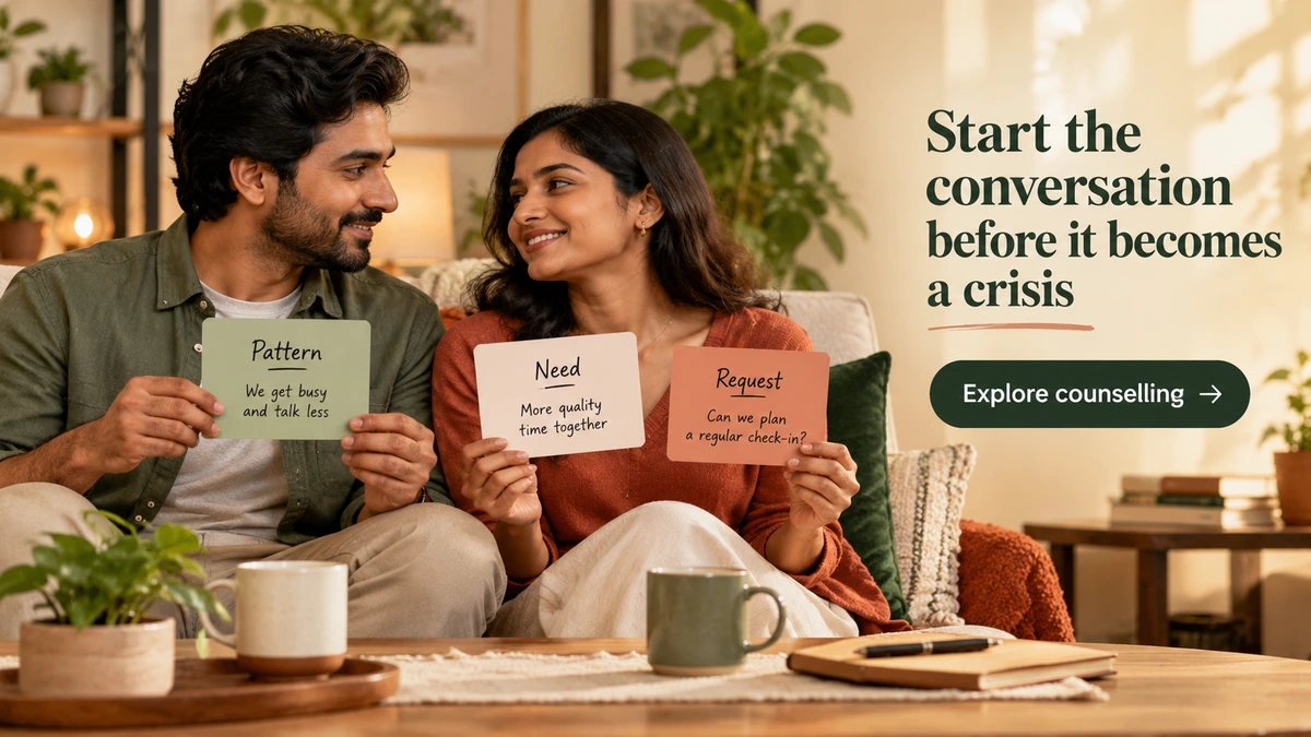 Mid CTA banner, 1200�675. Indian couple each holding a short Pattern�Need�Request card, still seated side by side. Visible copy: �Start the conversation before it becomes a crisis� / button: �Explore counselling�. URL: https://psyquench.com/counselling/. No logo.