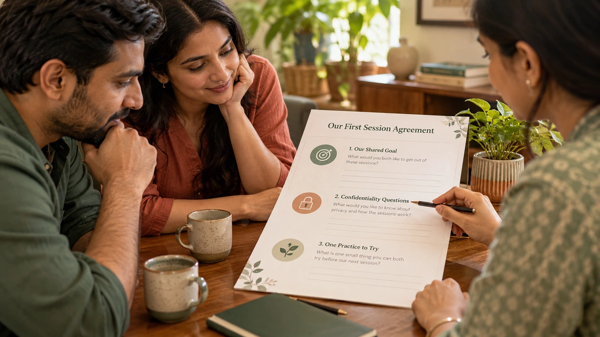 Explanatory. A first-session agreement sheet with three clear fields: shared goal, confidentiality questions, one realistic practice; no stock consultation pose.
