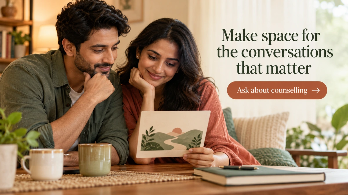 End CTA banner, 1200�675. Indian couple looking together at a simple future conversation card. Visible copy: �Make space for the conversations that matter� / button: �Ask about counselling�. URL: https://psyquench.com/counselling/. No logo.