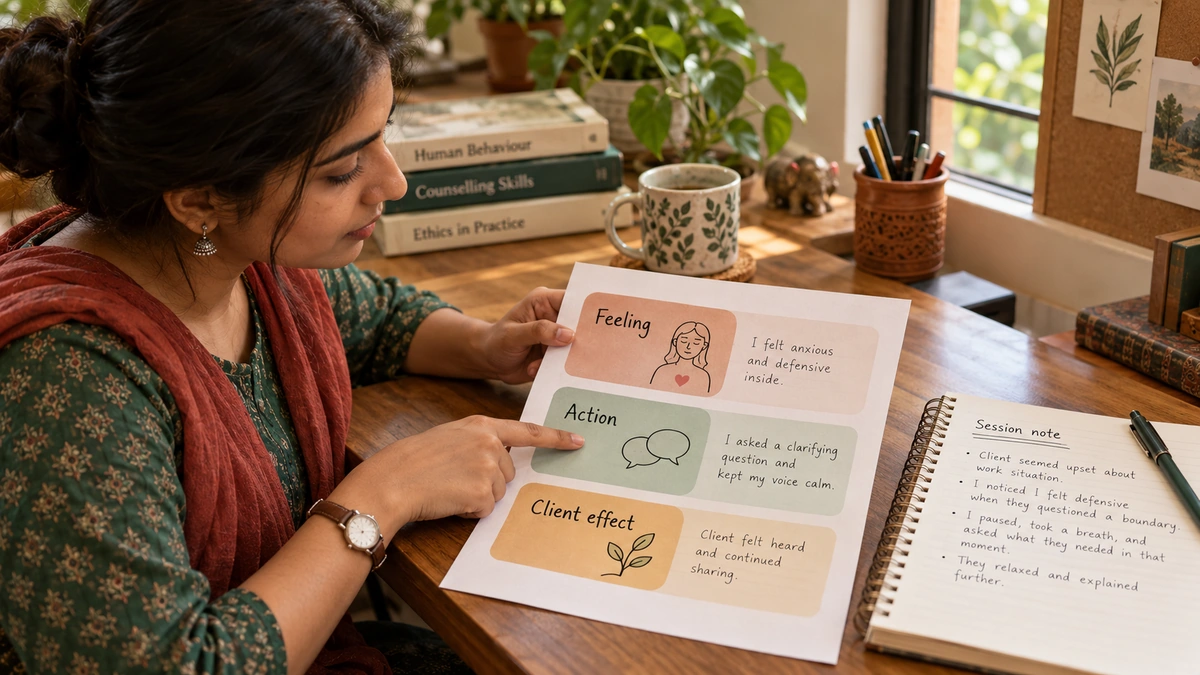 Explanatory. A three-layer editorial visual separates inner feeling, observable counsellor action, and client effect. Helps readers avoid treating emotion itself as the problem.