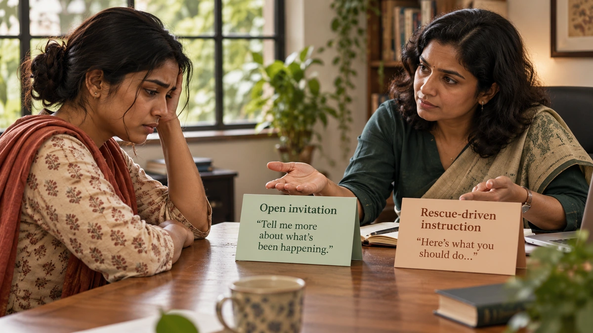 Explanatory. Same client statement receives two responses: an open invitation and a rescue-driven instruction. Visual contrast shows action, not just feeling.