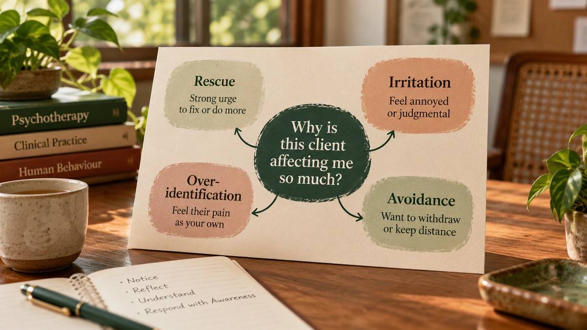 Explanatory. Four small, distinct response cards around one central clinical question: rescue, irritation, over-identification, avoidance; premium editorial, no collage of portraits.