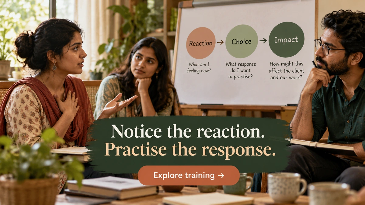 Mid CTA banner, 1200�675. Indian trainees use the Reaction�Choice�Impact check in a fictional roleplay. Visible copy: �Notice the reaction. Practise the response.� / button: �Explore training�. URL: https://psyquench.com/product/counselling-psychotherapy/. No logo.
