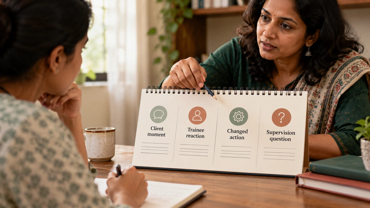 Explanatory. A supervision agenda with four fields�client moment, trainee reaction, changed action, supervision question�shown without identifiers.