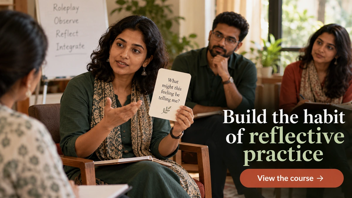 End CTA banner, 1200�675. Premium Indian training-room scene with a roleplay observer and one reflection card. Visible copy: �Build the habit of reflective practice� / button: �View the course�. URL: https://psyquench.com/product/counselling-psychotherapy/. No logo.