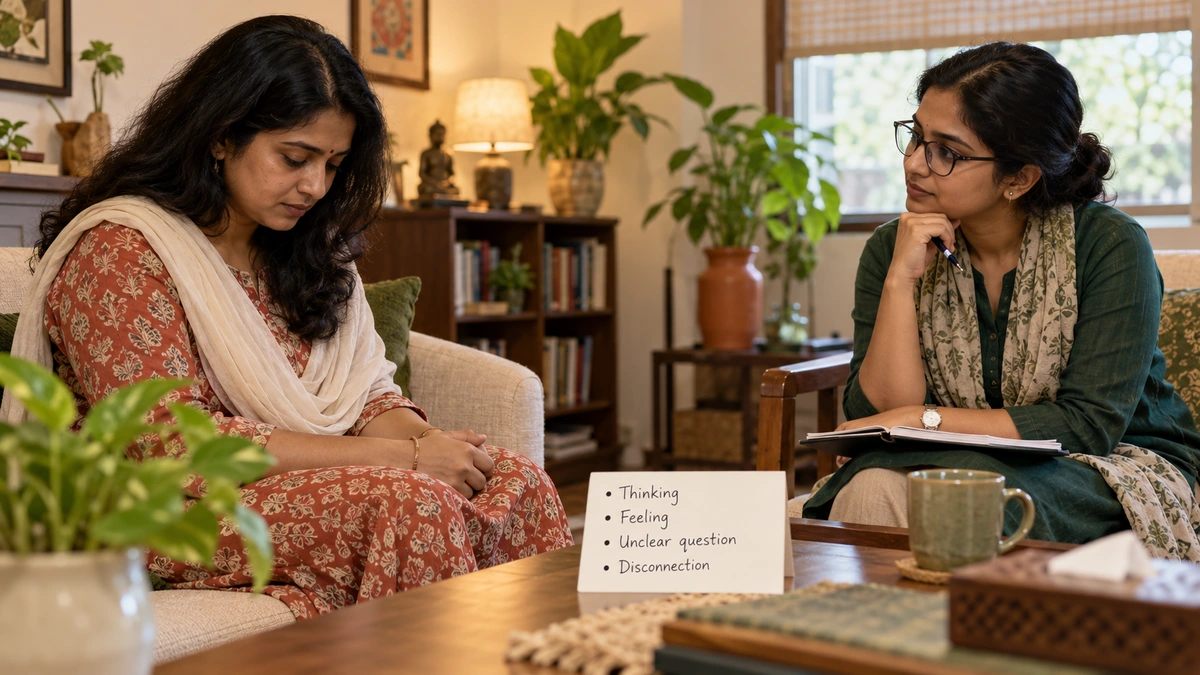 Explanatory. One pause branches into thinking, feeling, unclear question, and disconnection; a single quiet counselling-room focal point rather than a collage of faces.