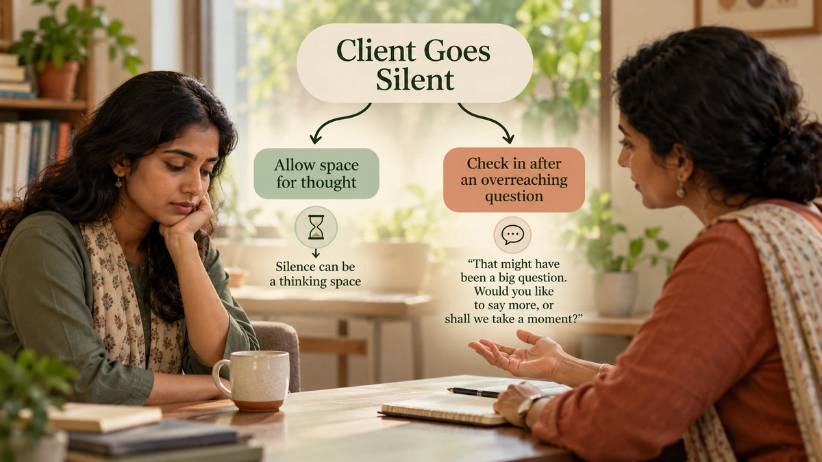 Explanatory. A two-path visual starts with the same silence; one path shows space for thought, the other shows a check-in after an overreaching question.