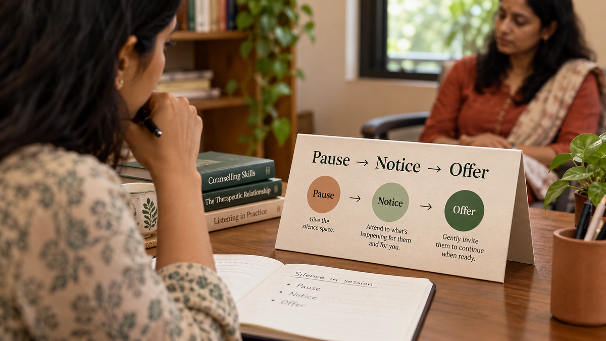 Explanatory. Pause�Notice�Offer appears as a quiet three-step desk card beside a trainee�s notes; explains the tool without a brain icon or generic wellness motif.