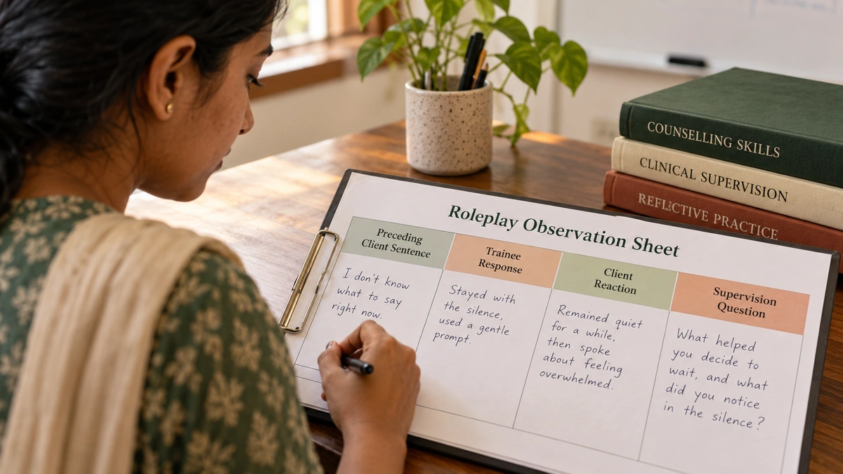 Explanatory. Roleplay observation sheet records preceding sentence, trainee response, client reaction, supervision question; no real client identifiers.
