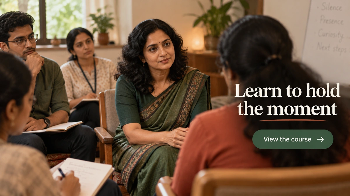 End CTA banner, 1200�675. Premium workshop scene with Indian learners and one observer note. Visible copy: �Learn to hold the moment� / button: �View the course�. URL: https://psyquench.com/product/counselling-psychotherapy/. No logo.