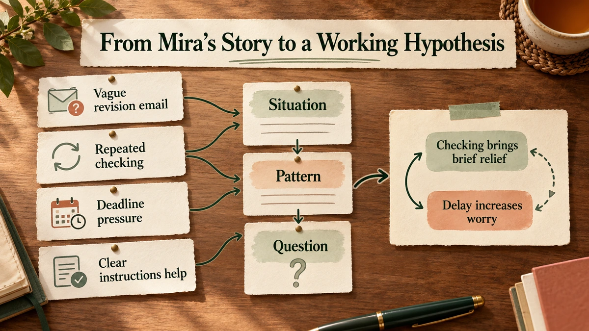 Mira’s vague email, repeated checking, deadline pressure and clearer instructions feed a tentative pattern linking checking, relief and worry.
