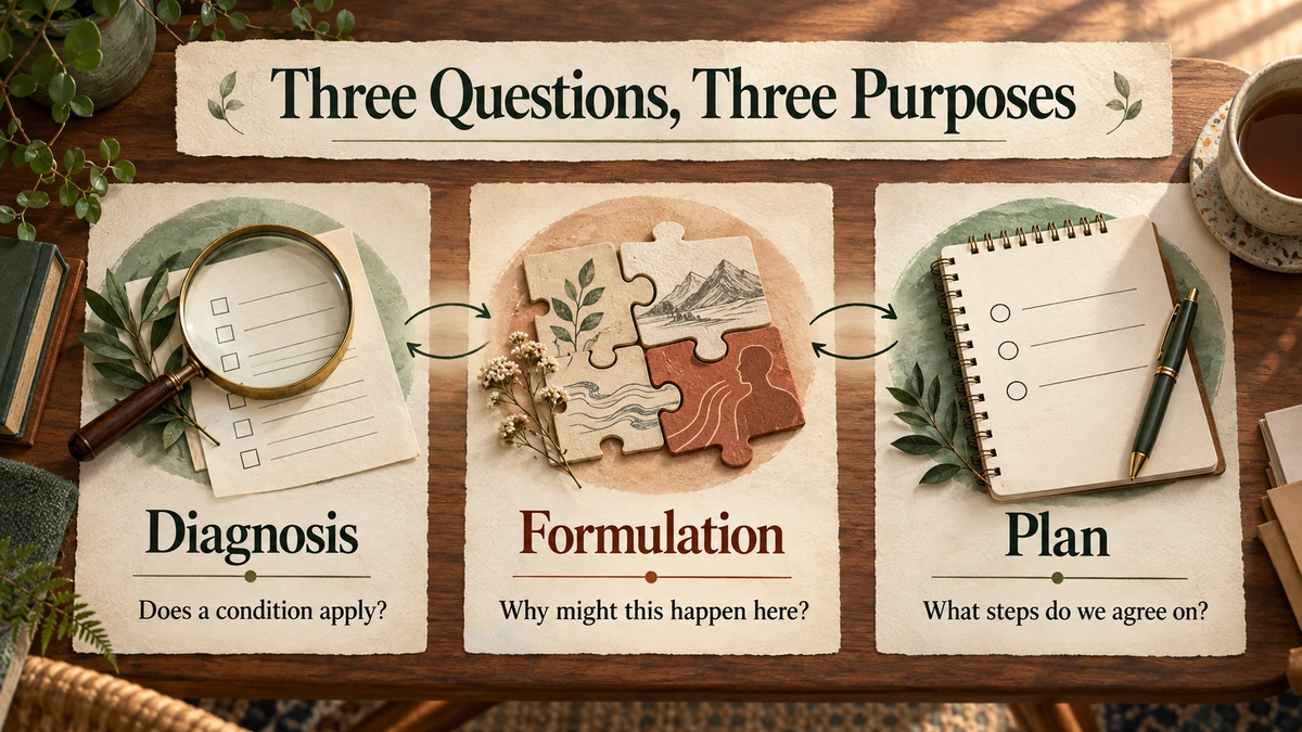 Three panels contrast diagnosis, formulation and a plan by the different question each answers.