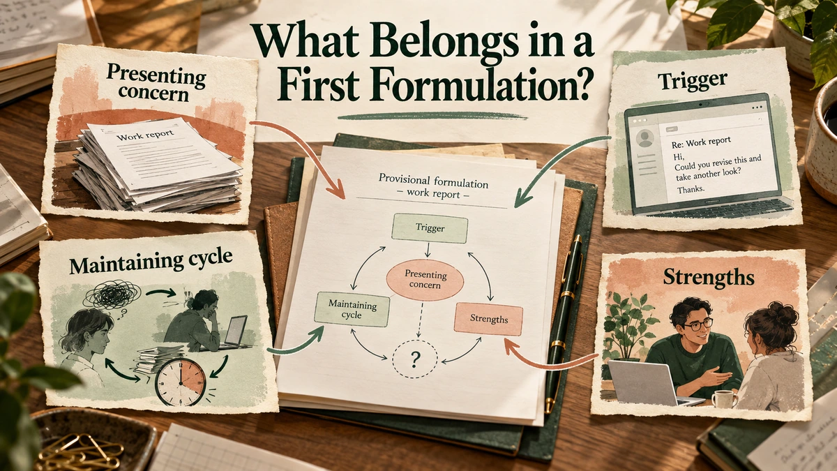 Presenting concern, trigger, maintaining cycle and strengths connect to one provisional formulation of Mira’s work report.