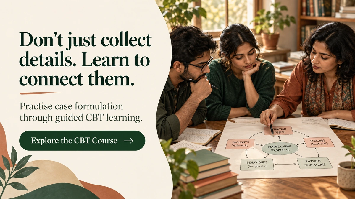 Banner inviting students to practise case formulation through guided CBT learning, with learners discussing a fictional case map.