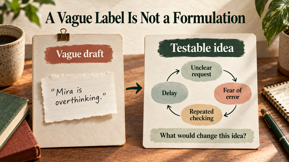 A vague label about Mira is contrasted with a testable cycle from unclear request to fear of error, checking and delay.