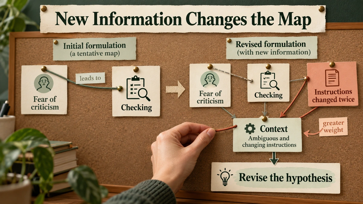 A new fact that work instructions changed twice shifts the case map toward context and revision.