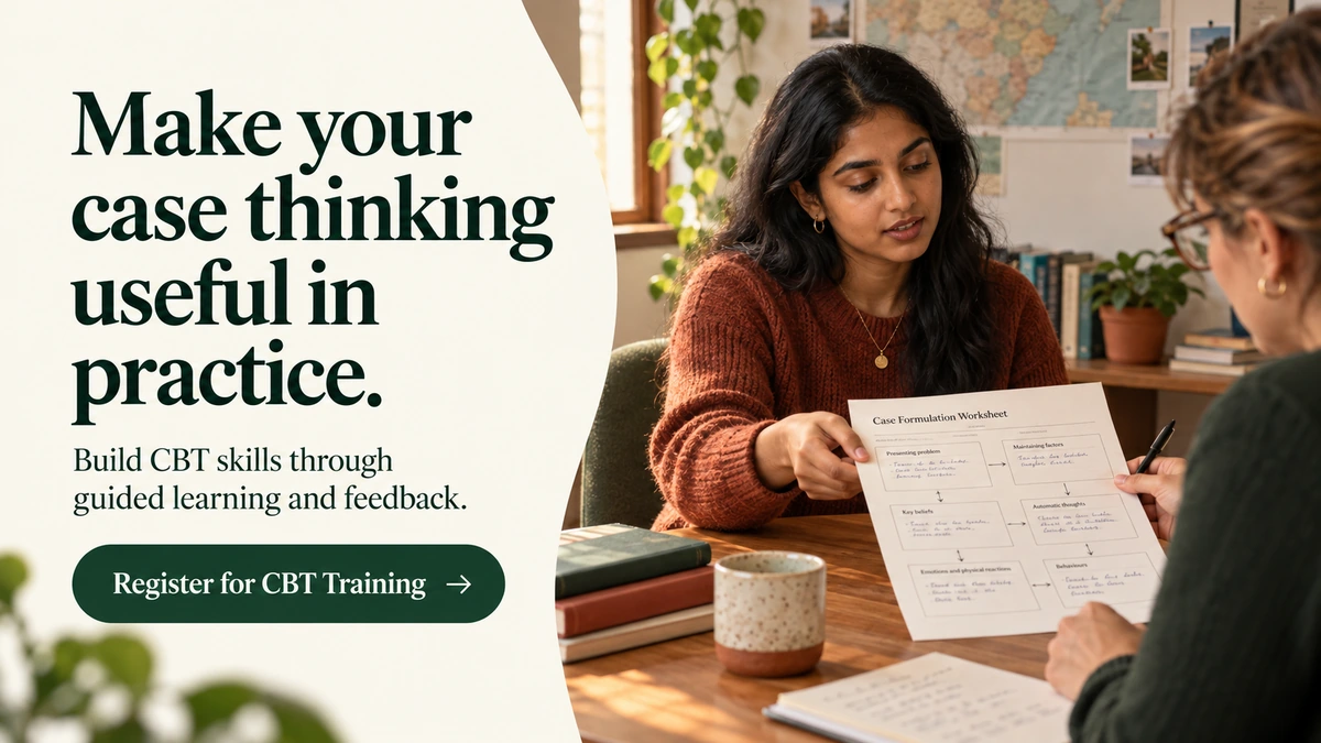 Banner inviting students to register for CBT training as a learner hands a fictional formulation worksheet to a tutor for feedback.