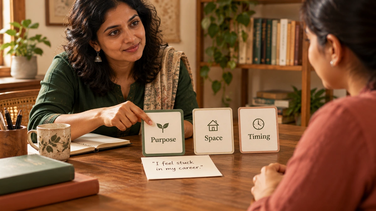 Explanatory. Three small decision cards labelled purpose, space, timing on a desk, with one selected card aligned to a clients statement. Teaches the original check.