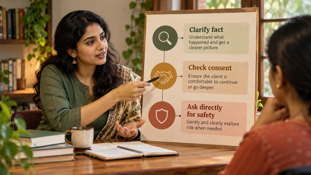 Explanatory. A slim interview map uses three distinct lanes: clarify fact, check consent, ask directly for safety. The visual shows why focused questions have different purposes.