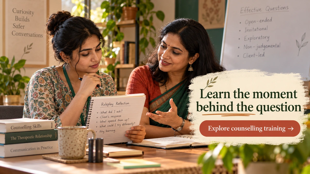 Mid CTA banner, 1200x675. Editorial Indian trainee reviewing a roleplay note and receiving feedback, visible copy: Learn the moment behind the question / button: Explore counselling training. URL: https://psyquench.com/product/counselling-psychotherapy/. No logo.