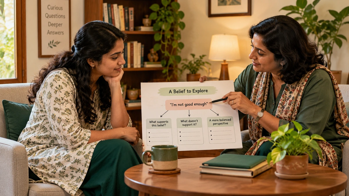 Explanatory. Two chairs and a shared evidence sheet show client and counsellor examining one belief together; avoid visual courtroom/debate cliches.