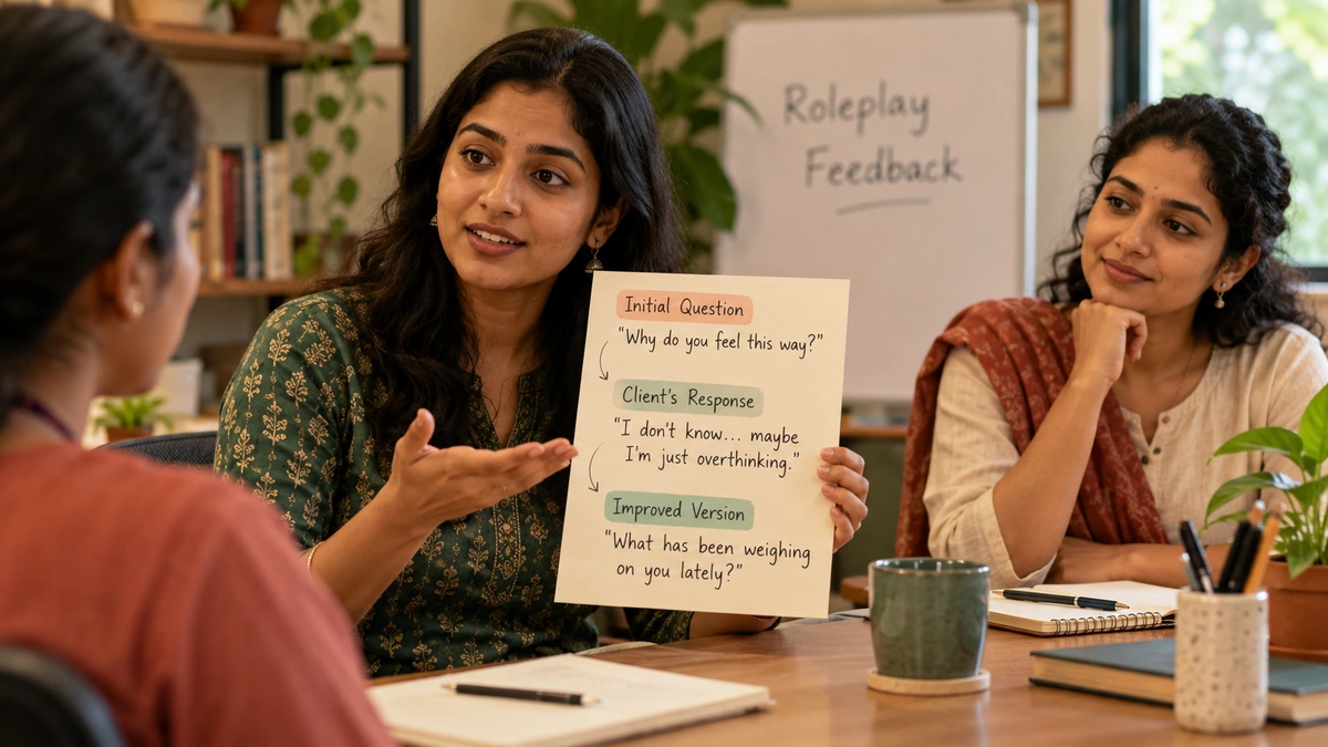 Explanatory. A roleplay feedback card records one question, the clients response, and one improved version; Indian trainees if faces are visible.
