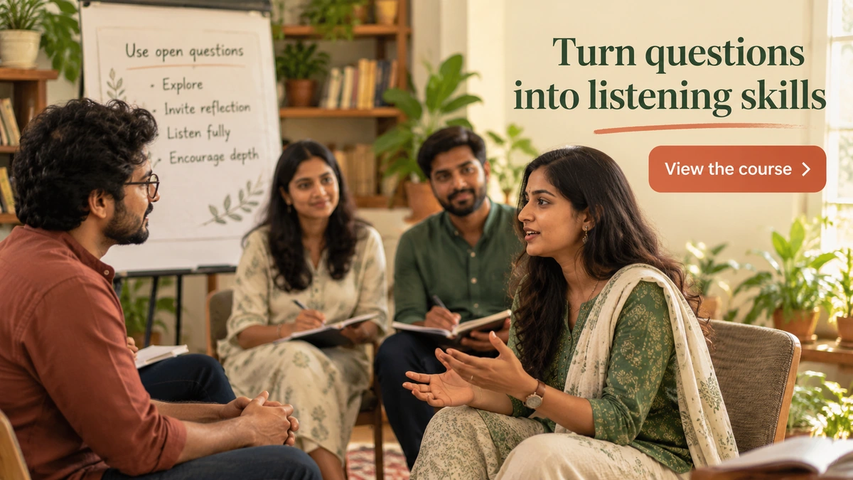 End CTA banner, 1200x675. Premium workshop scene with Indian learners practising a short dialogue, visible copy: Turn questions into listening skills / button: View the course. URL: https://psyquench.com/product/counselling-psychotherapy/. No logo.